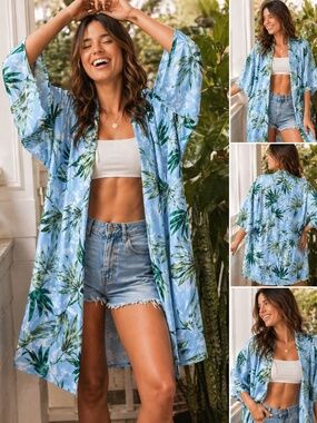 Vacation Ready Kimono Top Tie Waist Tropical Leaf Print Relaxed Fit